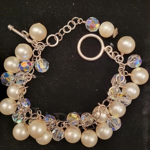 Real Pearl and Swarovsky crystal and silver bracelet